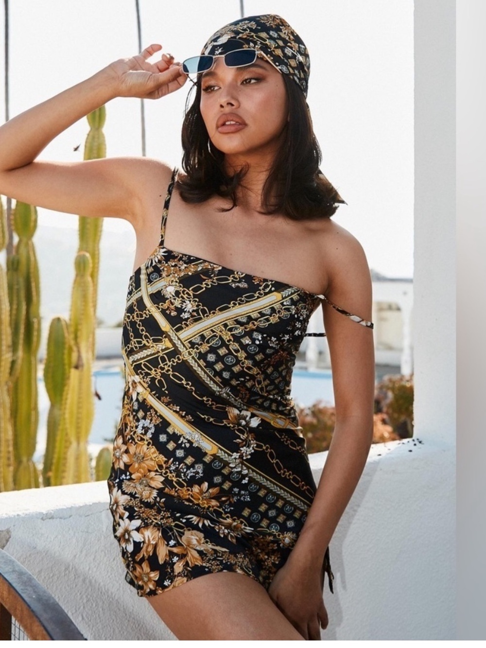 Princess Polly Lucci Slip Mini Dress Square Neck Floral Chain Slit Black Gold 6
